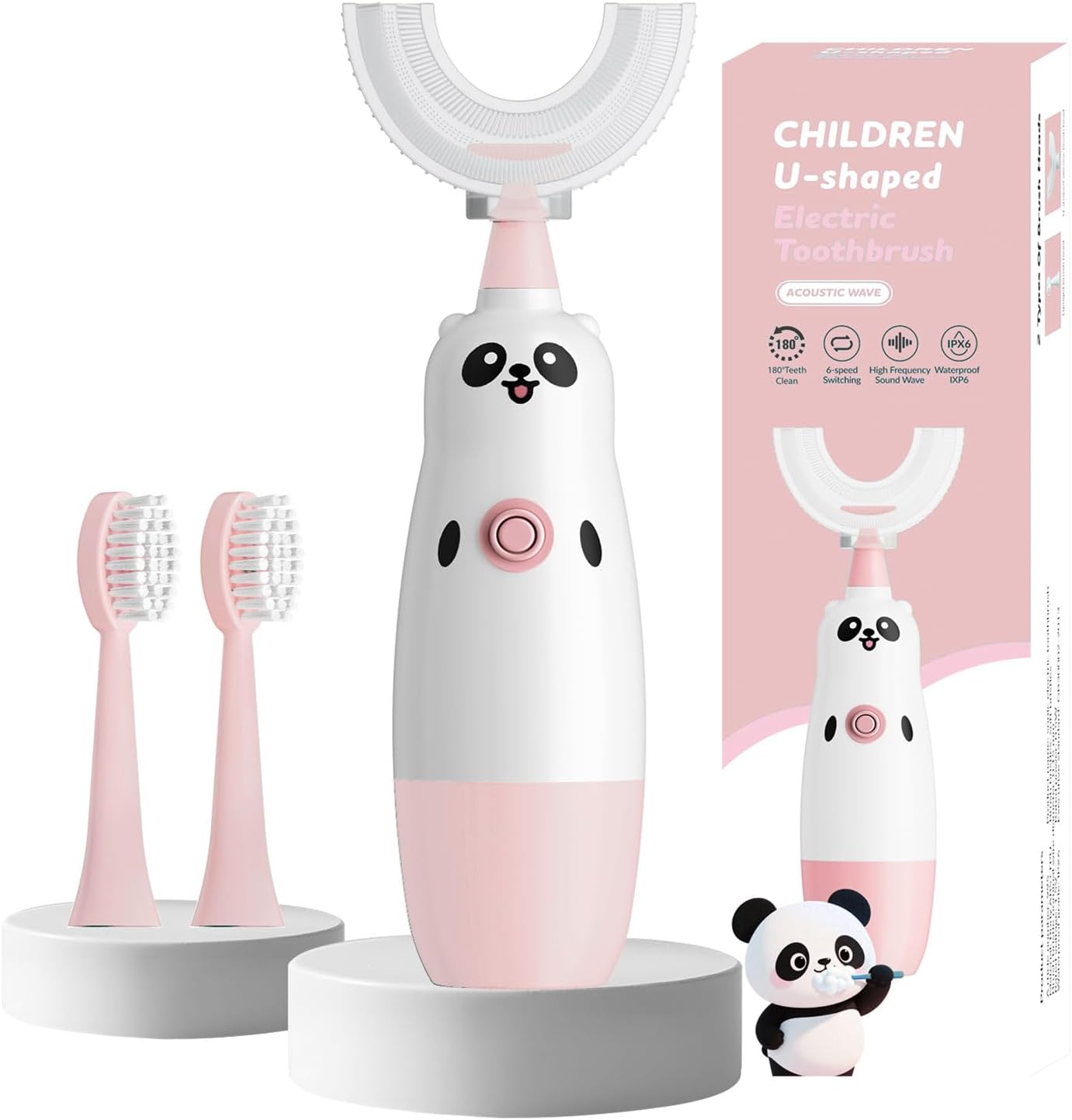 Kids U-Shaped Electric Toothbrush with 2 Brush Heads, Toddlers Sonic with 360 Degree Cleaning, Soft Bristles, Battery Included, IPX7 Waterproof, Cute cartoon for Girls and Boys, Ages 2-7 (Pink)
