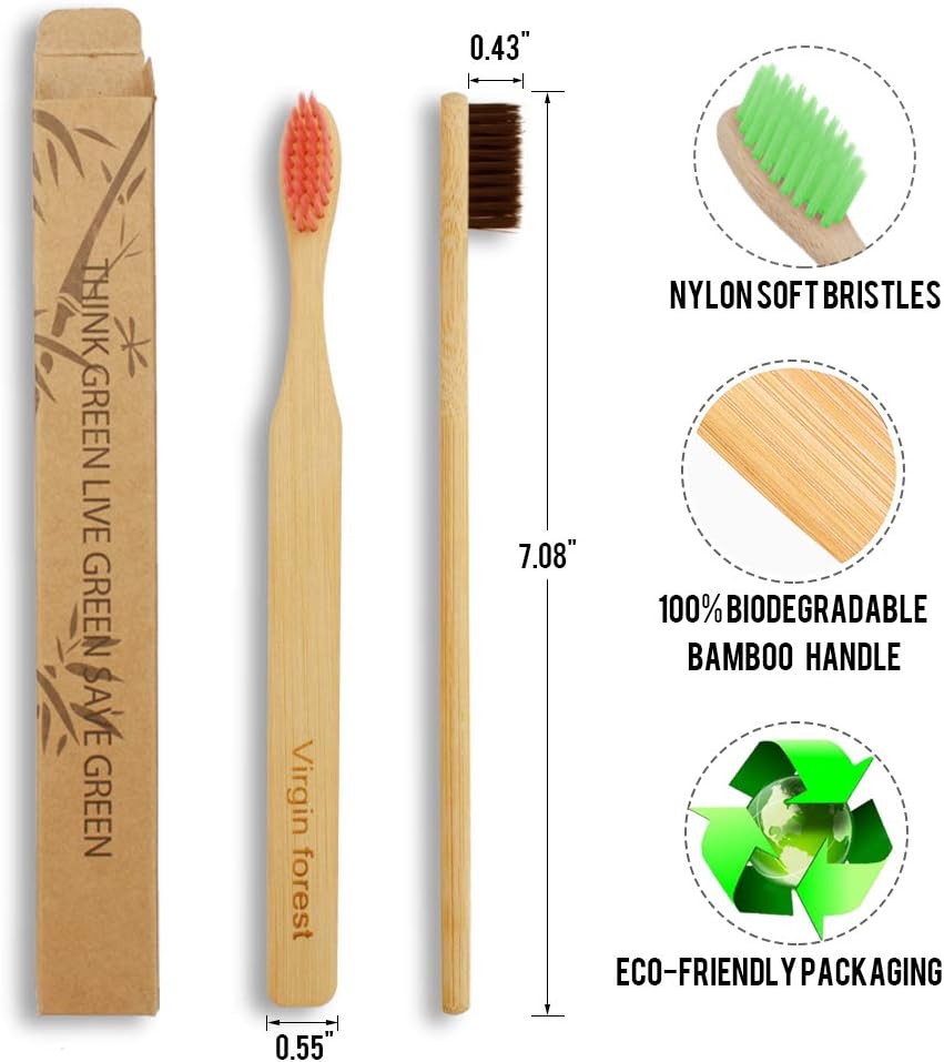 Virgin Forest 8 Pcs Bamboo Toothbrush, BPA-Free Soft Toothbrushes, Natural Eco-Friendly Biodegradable Best Travel Wood Toothbrush Set, for Sensitive Gums