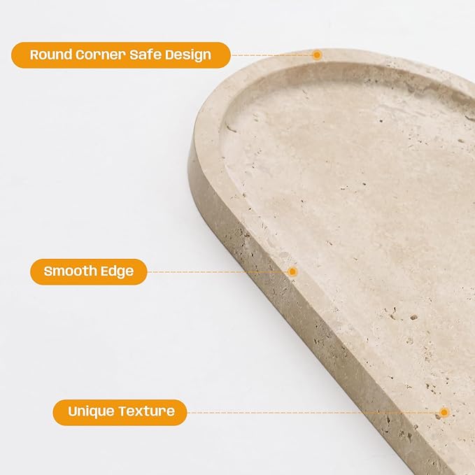2 Pcs Travertine Tray, Oval Stone Tray for Bathroom Storage Home Decor, 12 x 6 Inch