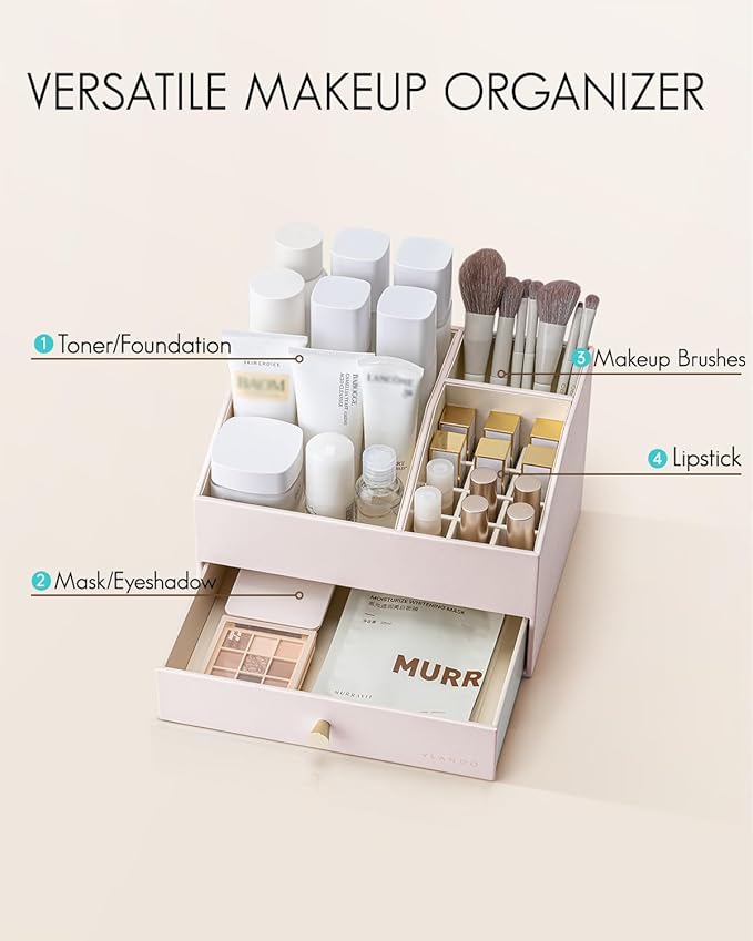 Vlando Makeup Organzier,Vanity Organizer with Drawers, PU Leather Skincare Organizer Perfume Organizer,Large Cosmetic Display Case for Lipstick,Brushes Gifts for Women-Apricot White