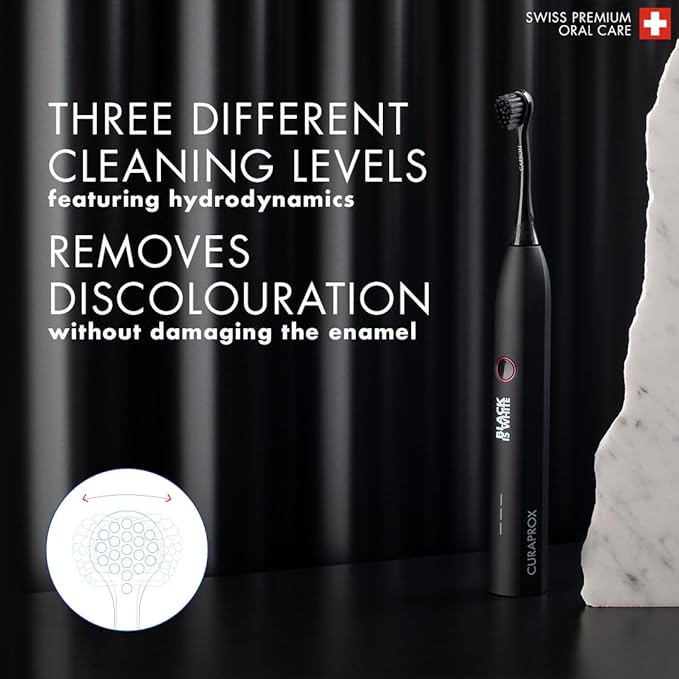 Curaprox Black is White Hydrosonic Toothbrush – Teeth Whitening and Gum Care | Ultra-Gentle Cleaning with Carbon Brush Heads | Set with Charger and Travel Case