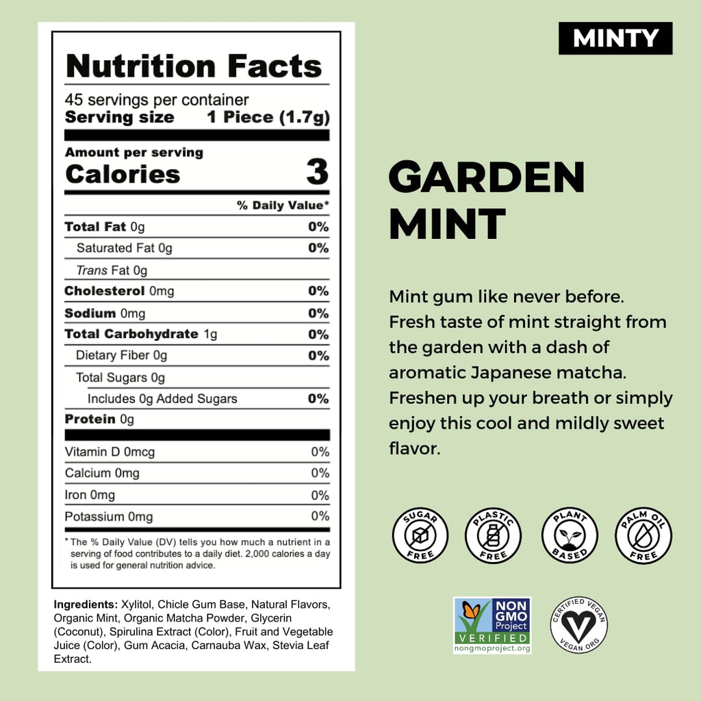 Refresh Gum, Xylitol, Natural, Sugar Free, Plastic Free, Natural Flavors & Organic Ingredients, Plant-Based, Low Calorie, Non GMO, Gluten Free, Vegan, Garden Mint Flavor, 12 Pcs, 12 Pack