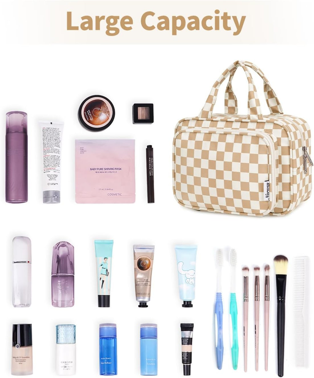 Narwey Large Travel Toiletry Bag for Traveling Women, Cosmetic Makeup Bag Make Up Organizer, Checkered Travel Bag for Toiletries with Handle (Light Checkerboard)