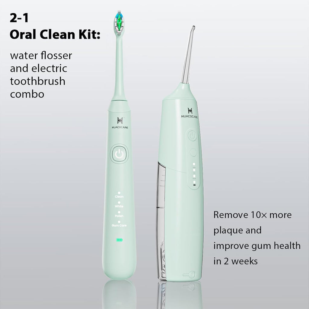 2-1 Oral Clean Kit- Water Dental flosser & Electric Toothbrush Combo- Brushing & Flossing- for Teeth Cleaning and Gum Health (Light Green)