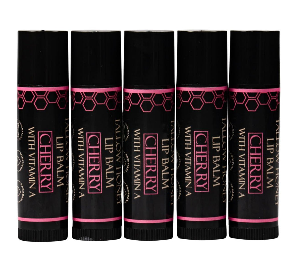 Organic Tallow Lip Balm (5 Pack) - Hydrating With Organic Italian Olive Oil, Pure Grass Fed Tallow, and Beeswax - Long Lasting Lip Therapy (5 Pack, Cherry)