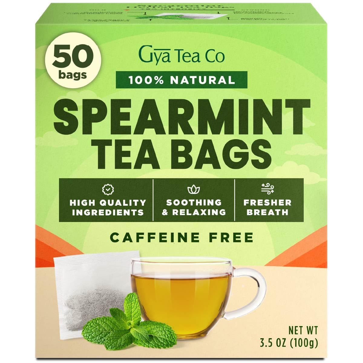 Gya Tea Co Spearmint Herbal Tea Bags (50 Bags) - Caffeine Free with a Tangy Flavor for All Day Comfort, Calming, Relaxing & Nourishing - Fruit & Herbal Blends