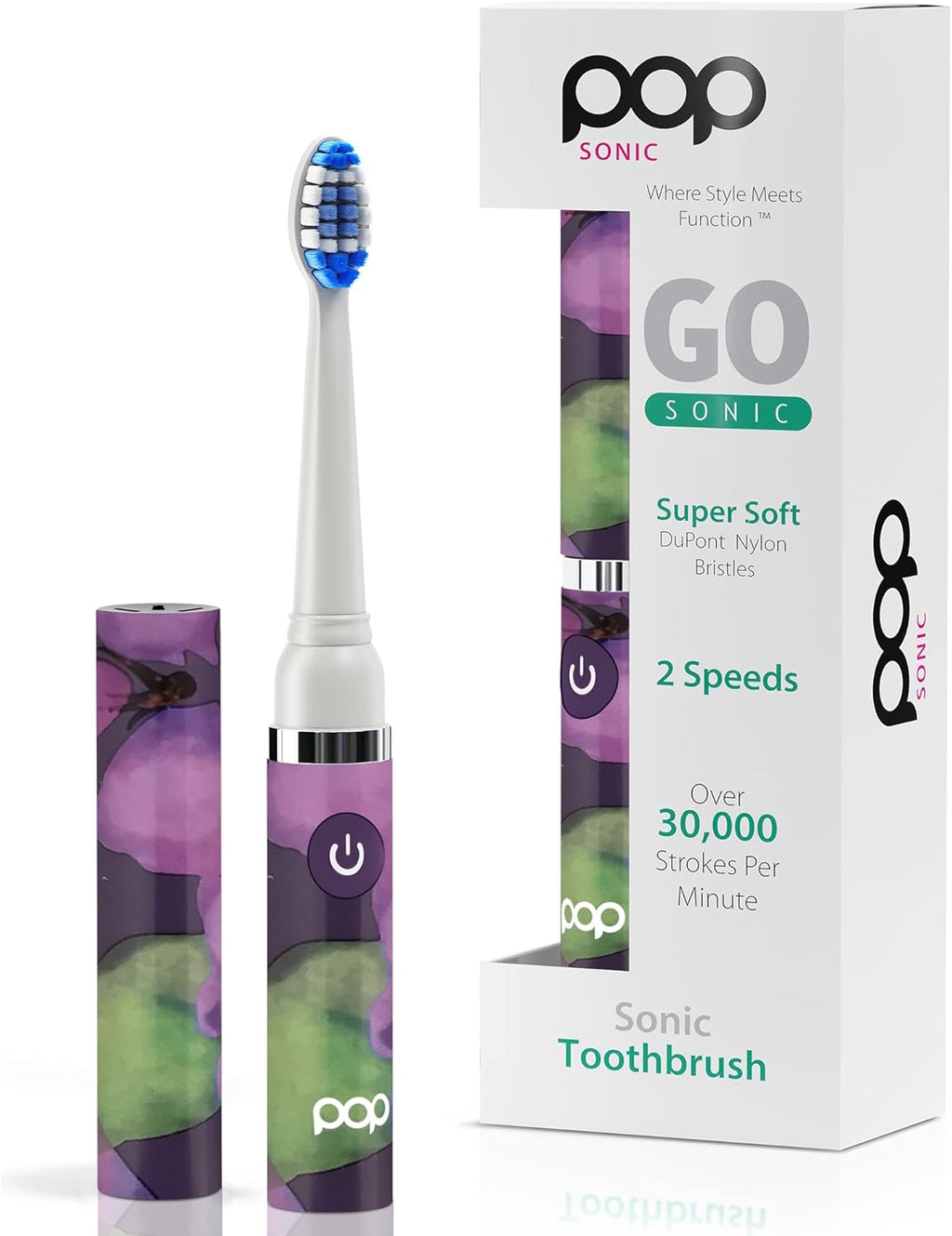 Pop Sonic Electric Toothbrush (Purple Watercolor) - Travel Toothbrushes w/AAA Battery | Kids Electric Toothbrushes with 2 Speed & 15,000-30,000 Strokes/Minute, Dupont Nylon Bristles