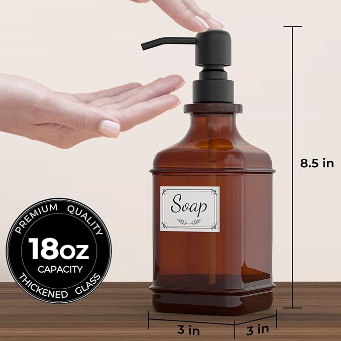 GLADPURE Soap Dispenser 2 Pack, Hand Soap Dispensers with 18 Oz Antique Design Thick Amber Glass Bottle, 316 Rust Proof Stainless Steel Black Pump, 6Pcs Stickers, for Lotion, Soap, Essential Oil