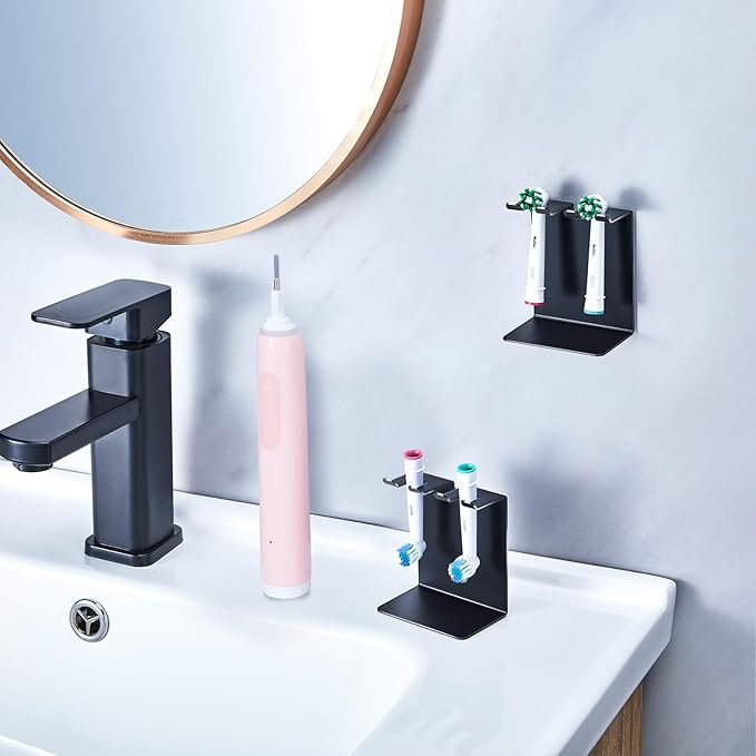 Electric Toothbrush Head Holder, Oukimly Toothbrush Holder Wall Mounted or Desktop, Metal Tooth Brush Holder, Shower Brush Head Holder, Electric Toothbrush Holder for Bathroom (Black, Small)