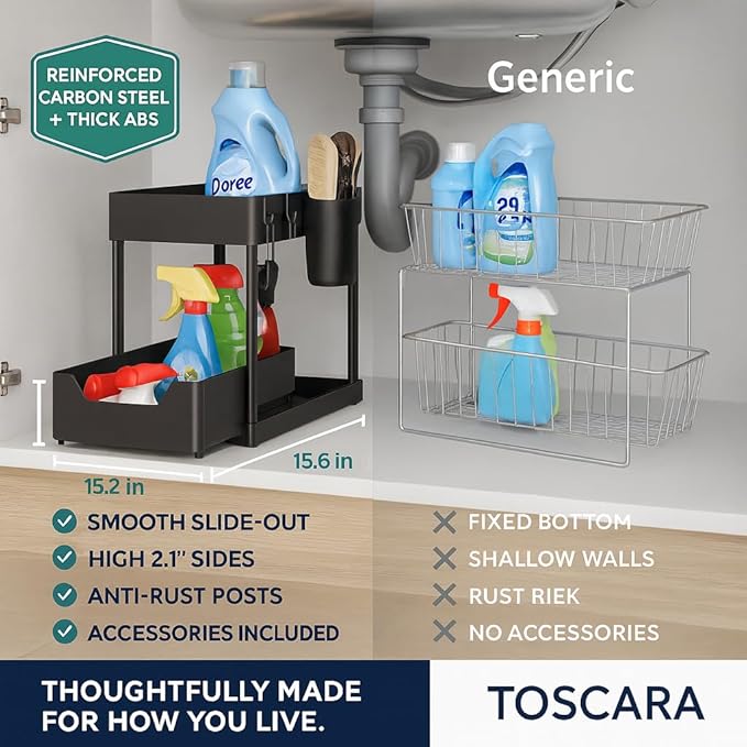 2-Tier Under Sink Organizer – Sliding Storage Rack with 4 Hooks & 1 Cup | Multi-Purpose Space Saving Shelf for Kitchen Cabinet, Countertop, Bathroom, Pantry & Office Organization, Black