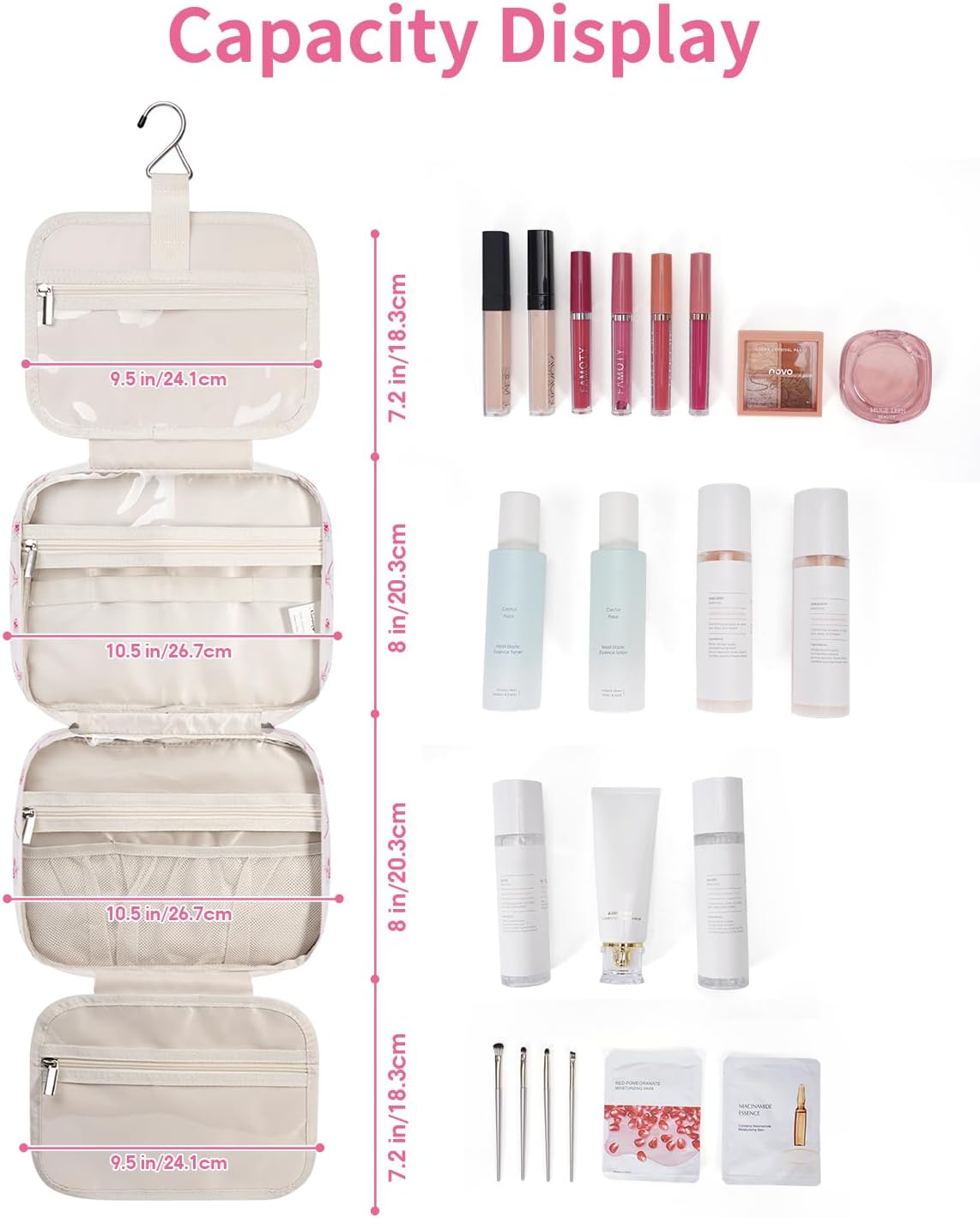 Narwey Hanging Toiletry Bag for Women Travel Makeup Bag Organizer Toiletries Bag for Travel Size Essentials Accessories Cosmetics (Bowknot and Flower (Medium))