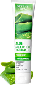 Desert Essence Aloe & Tea Tree Oil Toothpaste - Peppermint - Ideal For Sensitive Teeth & Gums - Complete Oral Care - Aloe - Tea Tree Oil - Baking Soda - Refreshes Breathe - Carrageenan Free