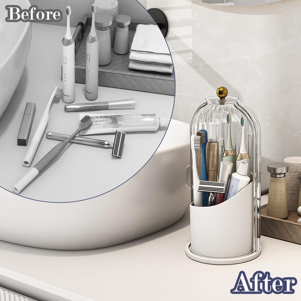 Dustproof Toothbrush Holders with Cover, Rotating Electric Toothbrush and Toothpaste Holder for Bathroom Countertop, 3 Slots Makeup Brushes Organizer, Transparent