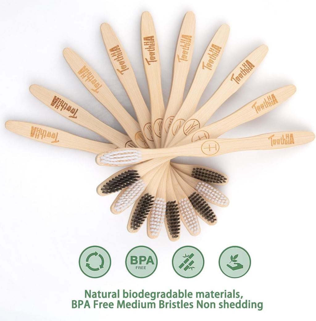 Bamboo Toothbrush Individually Sealed 10 Count, BPA-Free Soft Bristles Toothbrushes for Adults, Eco-Friendly, Natural Charcoal Wooden Toothbrush
