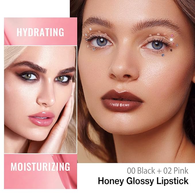 Honey Lipstick Tinted Lip Balm - Shine Moisturizing Lipstick for Women, Natural Nourishing Hydrating Lip Color Gloss Stain for Dry Lips, Tint Sheer Lightweight Makeup, Vegan - 2Pc Black & Pink