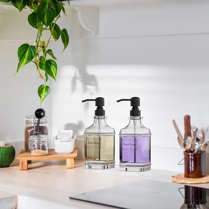 GLADPURE 2 Pack Soap Dispenser, 18 Oz Antique Design Thick Glass Hand Dispensers; with 304 Rust Proof Stainless Steel Pump, 6Pcs Clear Stickers, for Kitchen, Bathroom- Black