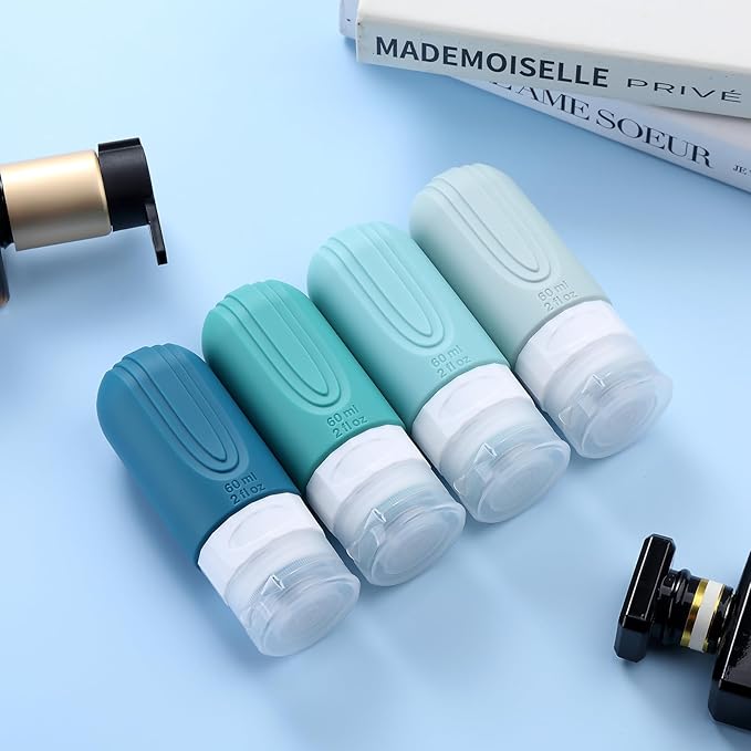 Travel Bottles for Toiletries, Tsa Approved 2oz Travel size Bottles, BPA Free Leak Proof Travels Toiletry Containers, Traveler Accessories with Toiletry Bag for Shampoo Liquid (4 Pack)