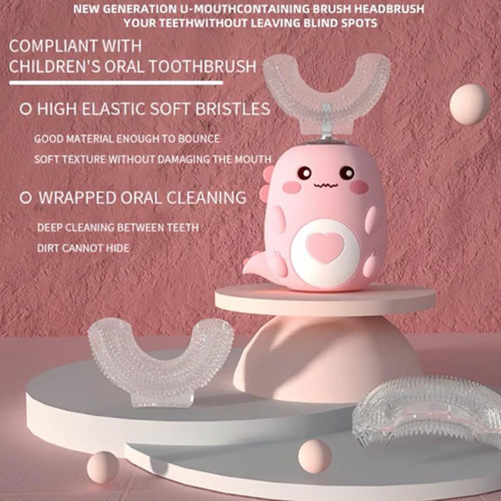 Kids Automatic U-Shaped Toothbrush, 360º Toothbrush Rechargeable Auto U-Shaped Electric Toothbrush with Led Light, 5 Modes & Smart Timer Gentle Waterproof and Cartoon Dragon Design (3PCS)