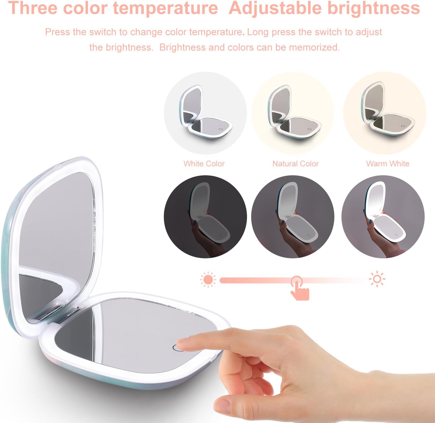 Mocado Compact LED Travel Makeup Mirror - 4 Inches 1X/10X Magnification Travel Mirror with Light Dimmable Double Sides Lighted USB Rechargeable Compact Mirror for Purse,Pocket,Travel(Blue Marble)