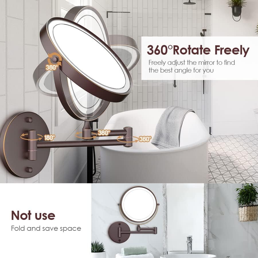 Rocollos Rechargeable Wall Mounted Lighted Makeup Mirror, 8 Inch Double-Sided LED Vanity Mirror 1X/10X Magnification,3 Color Lights Touch Screen Dimmable 360°Swivel 13 Inch Extendable