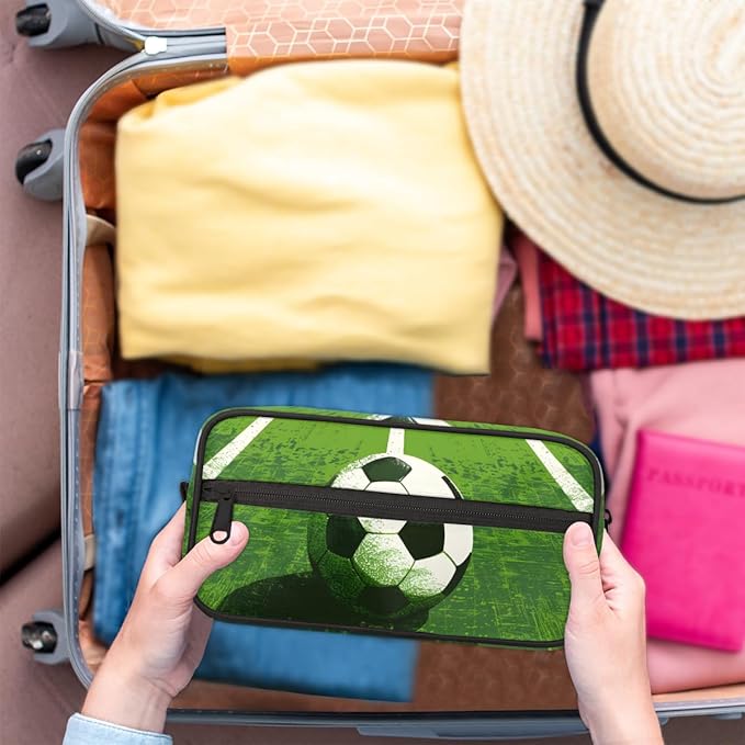 Green Grass Field Soccer Boys Travel Toiletry Bag Waterproof Wash Bag Shower Shaving Bag Cosmetic Organizer Makeup Bag Portable Toiletries Accessories for Women Men Sport Ball