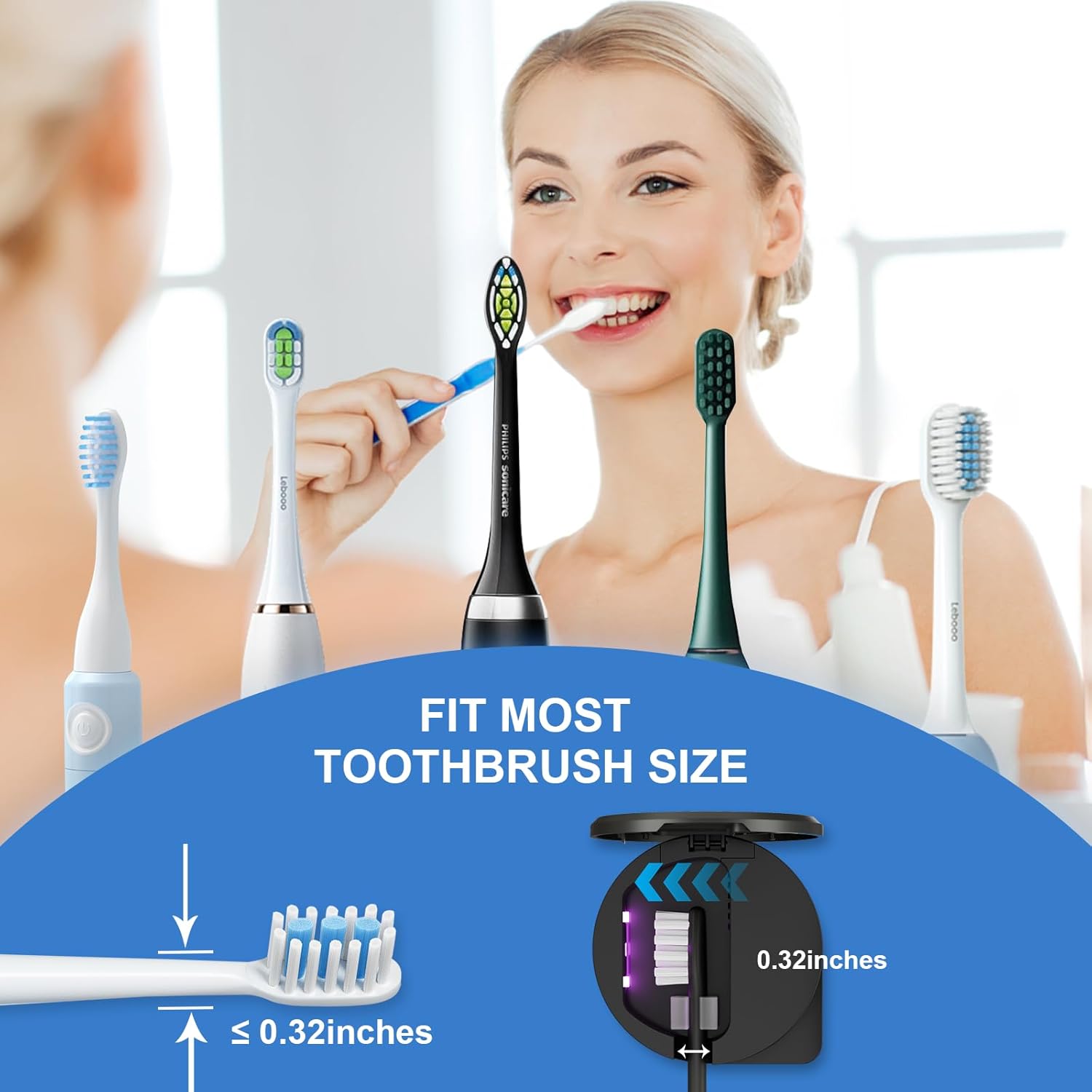 UV Toothbrush Sanitizer Holder, Toothbrush Sanitizer and Holder Cover Caps with Fan Drying, Rechargeable Portable Toothbrush Cleaner Case Fits Most Electric and Manual Toothbrushes (Black)