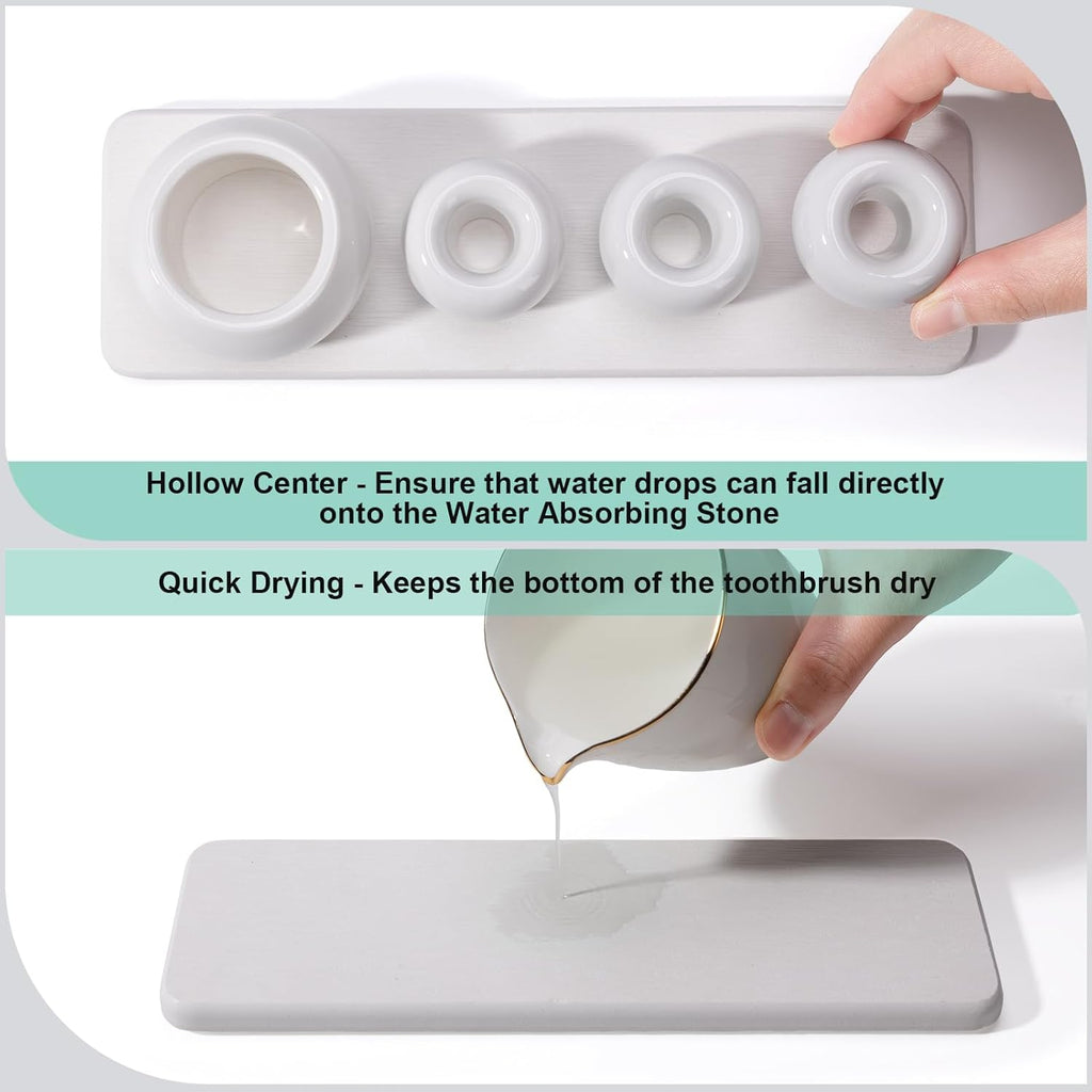 4 Pack Mini Ceramic Toothbrush Holder Stand with 1 Pack Water Absorbing Stone for Bathroom Vanity Countertop, Electric Toothbrush Organizer, White