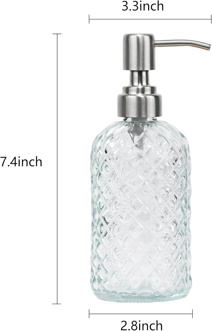 16 oz Diamond Pattern Glass Soap Dispenser, Kitchen and Bathroom Refillable Soap Dispenser with Rust Resistant Stainless Steel Pump for Hand Soap, Lotion Glass Liquid Dispenser (Clear)