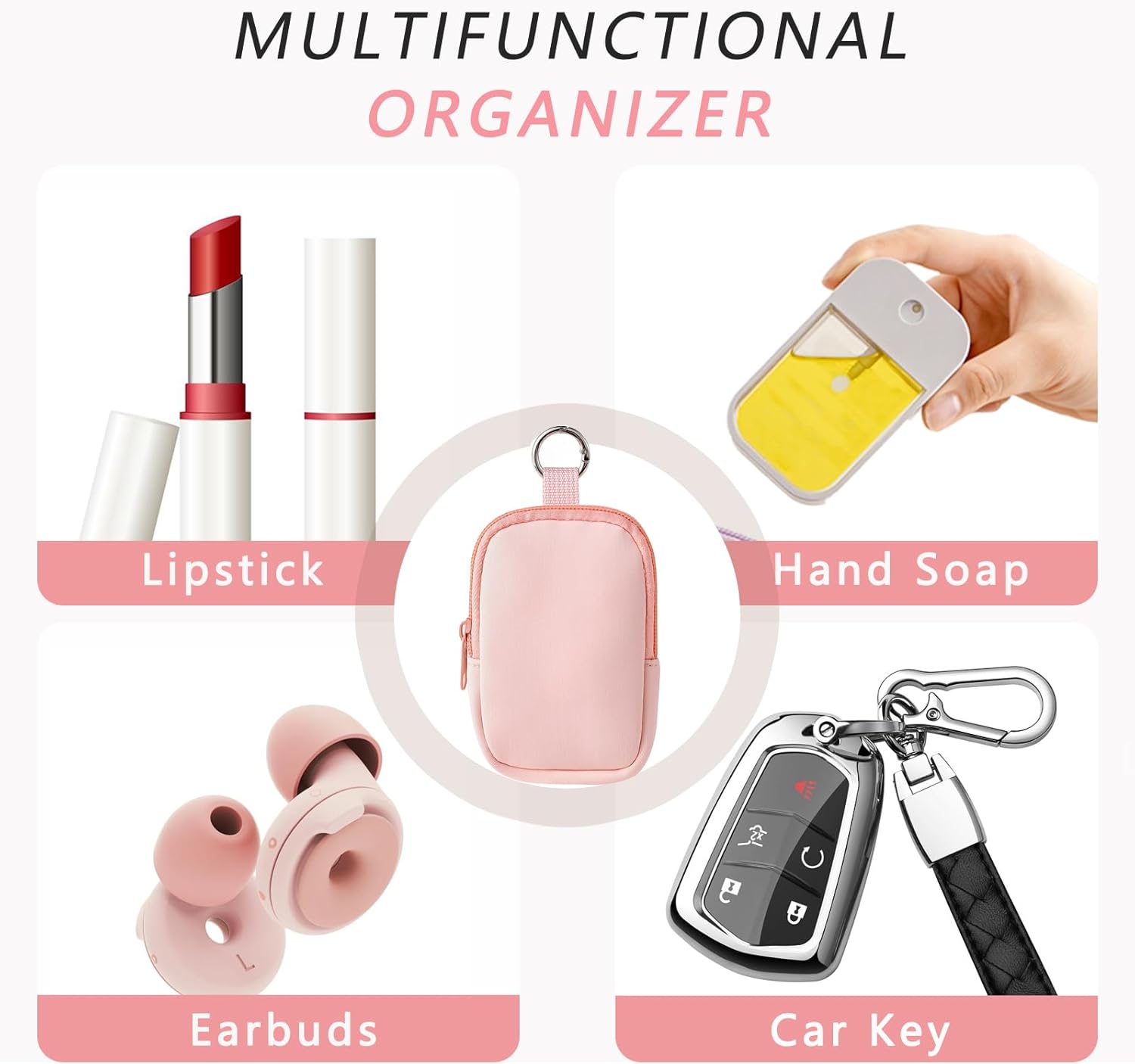 2Pcs Small Makeup Bag,Mini Portable Travel Cosmetic Bag,Soft Neoprene Makeup Pouch with Zipper,Fashion Accessory with Snap Hook,Cute Coin Purse Lipstick Cosmetic Travel Organizer(Black+ Light Pink)