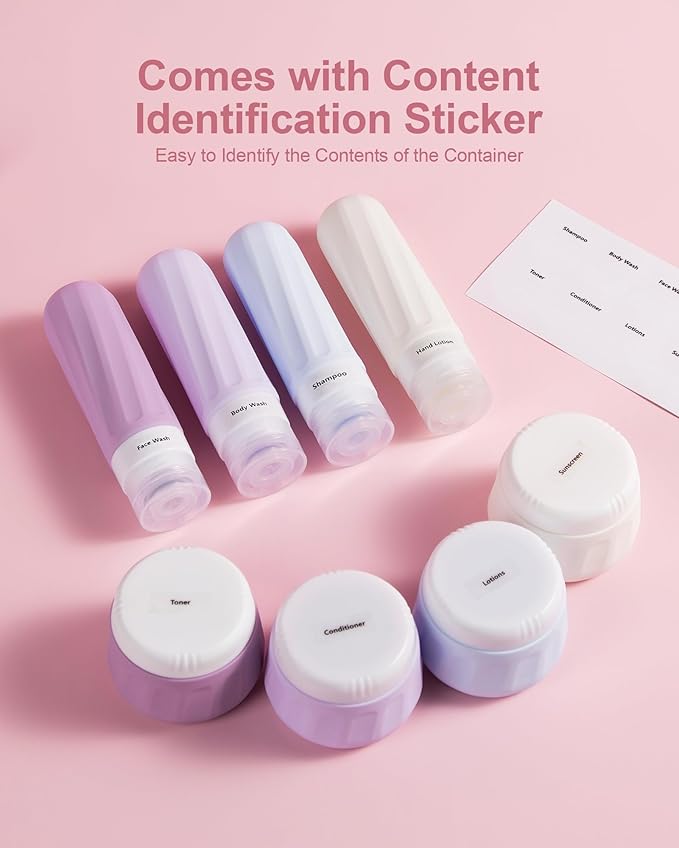 Travel Size Toiletries 8 Pack, TSA Approved 3oz Silicone Squeeze Bottles & Cream Jars with Clear Travel Bag