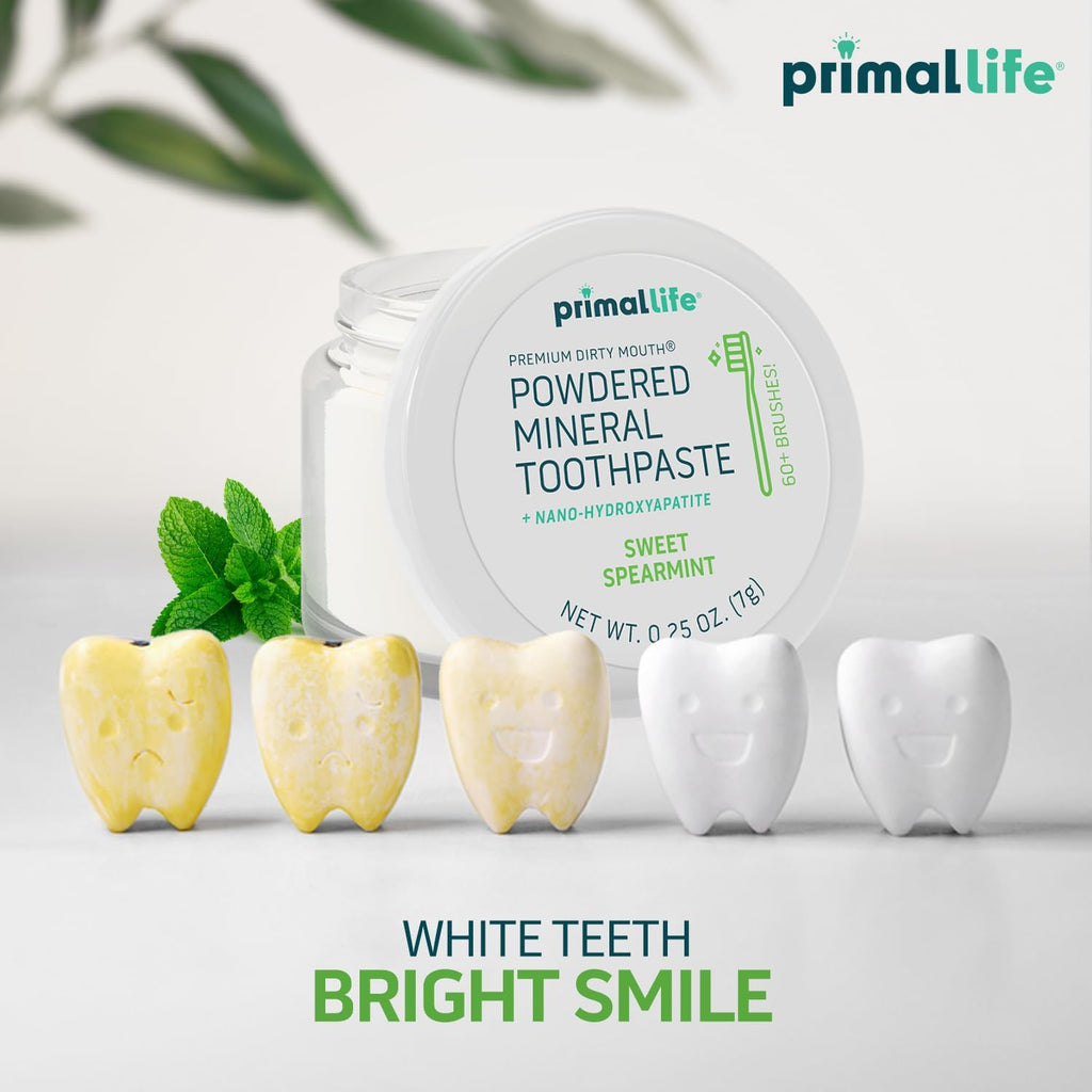 Primal Life Organics - Dirty Mouth Toothpowder, Tooth Cleaning Powder, Flavored Essential Oils with Natural Kaolin & Bentonite Clay, Good for 60+ Brushings, Organic, Vegan (Sweet Spearmint, 0.25 oz)