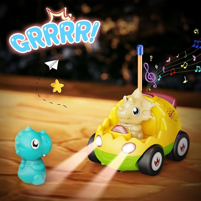 2 Pack Dinosaur Toys for Toddlers 2 3 4 5 6 Years Old - Remote Control Cars RC Cars with Music, Lights and Sound Effect, Birthday Toys for Boys Kids(Yellow Green)