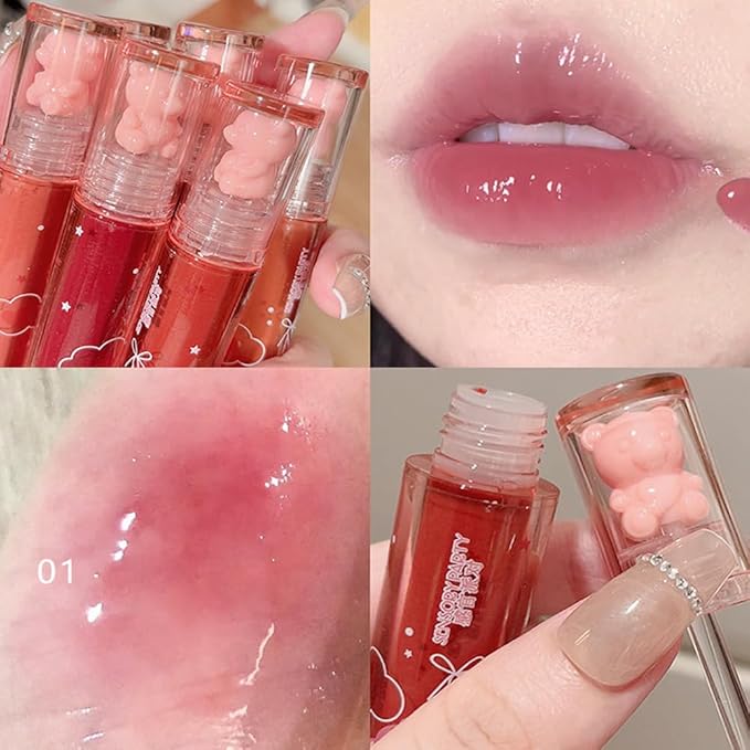 Yasovigi 6pcs Jelly Lip Gloss Bear Lip Stain Moisturizing Watery Lipstick Waterproof Long Lasting Cheek Cosmetics Beauty Lip Tint Makeup