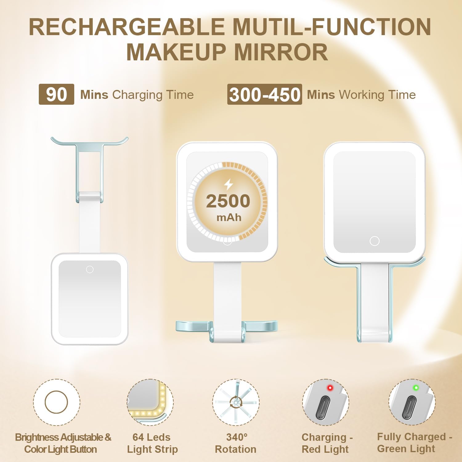 Mocado Travel Makeup Mirror with Lights,10X/1X Magnifying Mirror with Light, Double Sided Travel Mirror with 3 Color Light,Dimmable Touch, Lighted Makeup Mirror for Tabletop, Handheld, Hanging(Blue)