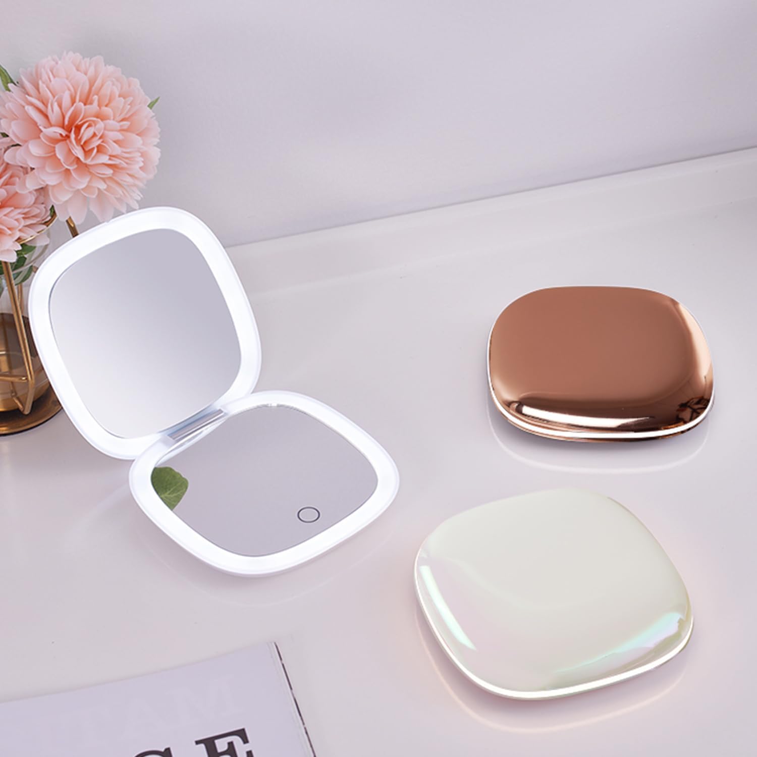 Mocado Compact LED Travel Makeup Mirror - 4 Inches 1X/10X Magnification Travel Mirror with Light Dimmable Double Sides Lighted USB Rechargeable Compact Mirror for Purse,Pocket,Travel(Rose Gold)