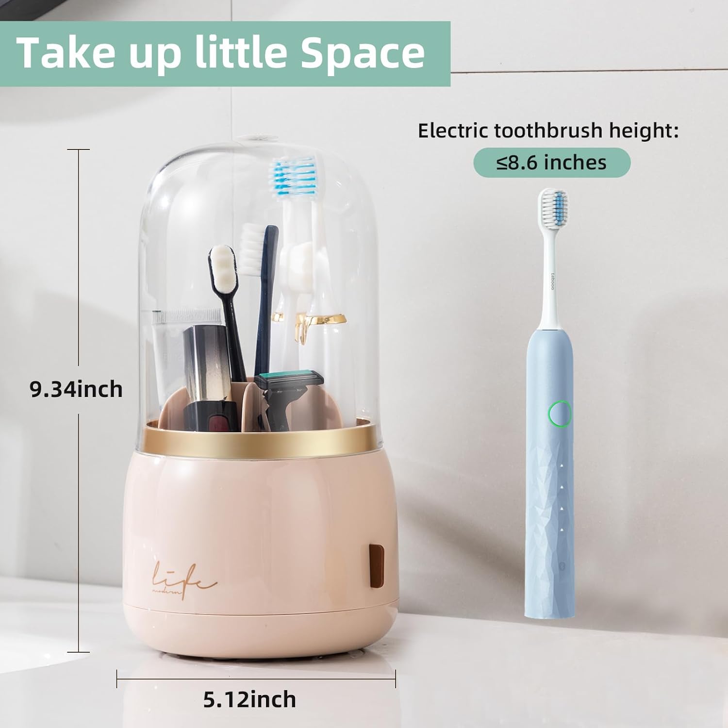 Toothbrush Holders for Bathrooms, Rotating 7 Slots Electric Toothbrush Holders with Cover, Countertop Toothpaste Organizers (Pink)