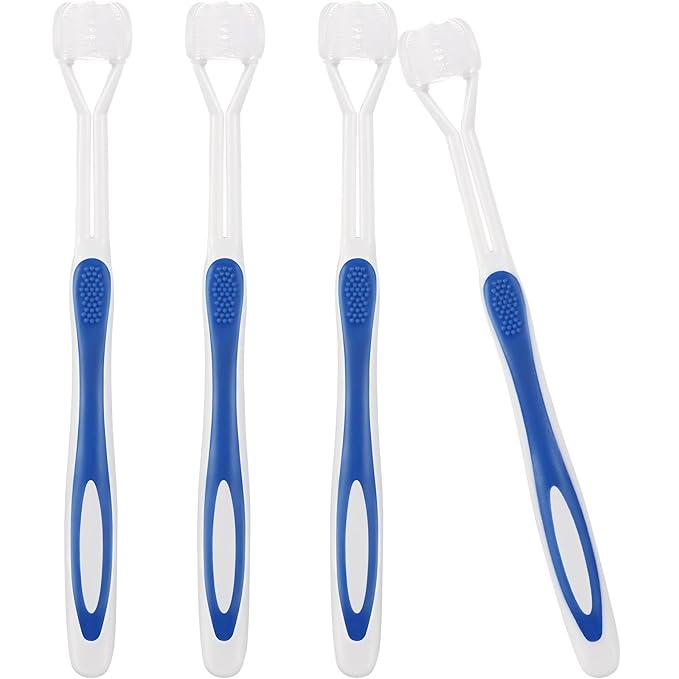 4 Pieces Toothbrush 3 Sided 7.1 Inch Autism Sensory Toothbrush 360 Degree Cleaning Travel Brush Complete Teeth Gum Care Angle Clean Tooth(Blue)