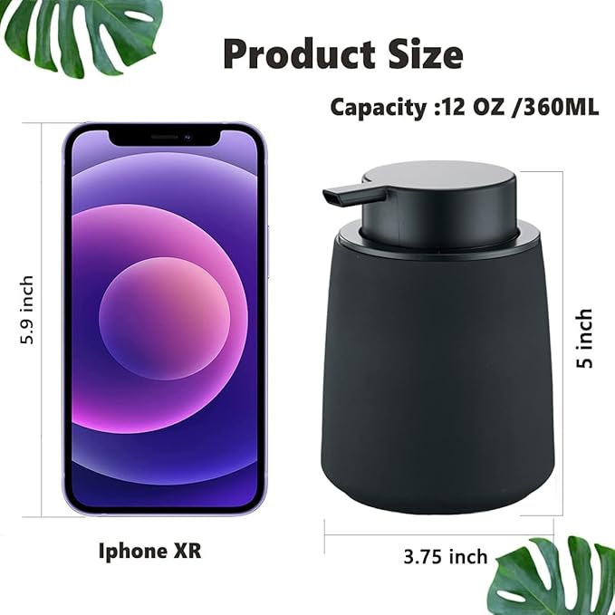 12Oz Black Soap Dispenser - Modern Ceramic Lotion Hand Soap Dispenser with Easy-to-Press Black Pump, Reusable and Refillable Liquid Dish Soap Dispensers for Bathroom, Kitchen (Rubber Paint)