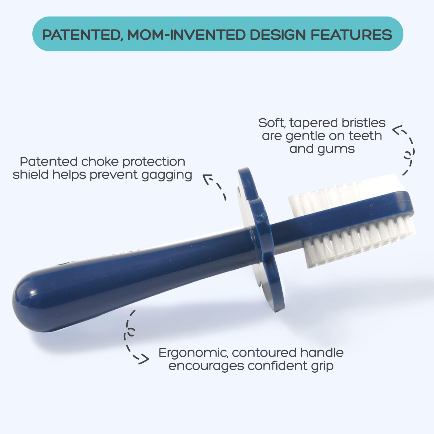 grabease Toddler Toothbrush - Double-Sided Soft Silicone Bristles & Anti-Choke Shield - Baby Toothbrush & Finger Brush for 12+ Months - Navy, 1 Count