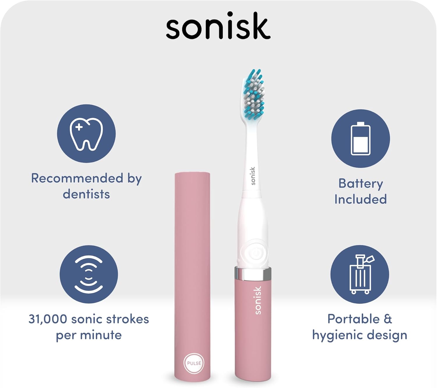 Sonisk Pulse | Battery Powered Electric Toothbrush | Sonic Technology | 1x Battery, 2X Brush Heads, 1x Travel Case Included | 31,000 Strokes Per Minute | Portable Size | Dusty Pink