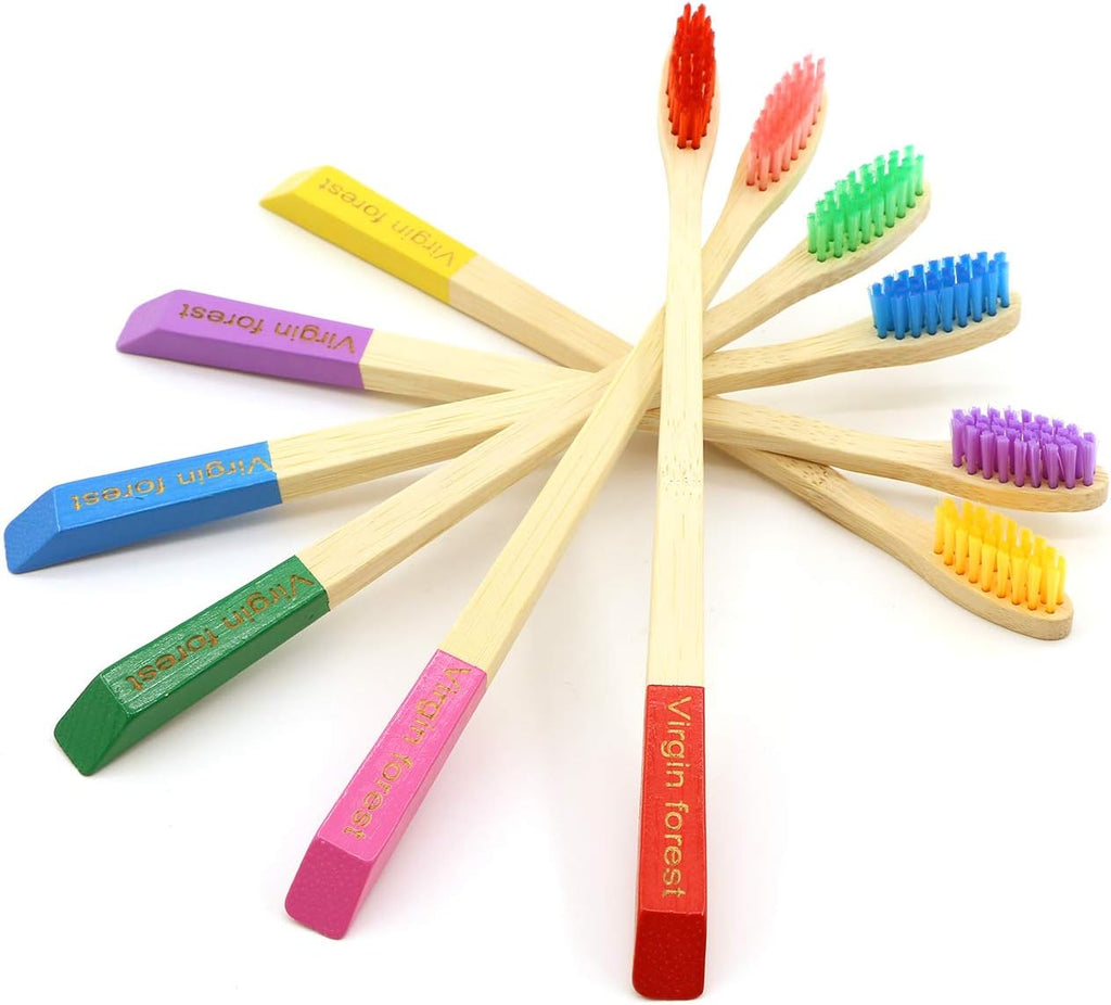 Virgin Forest Bamboo Toothbrush, Natural Eco Friendly Wood Toothbrushes, Biodegradable Charcoal Tooth Brush, Pack of 6