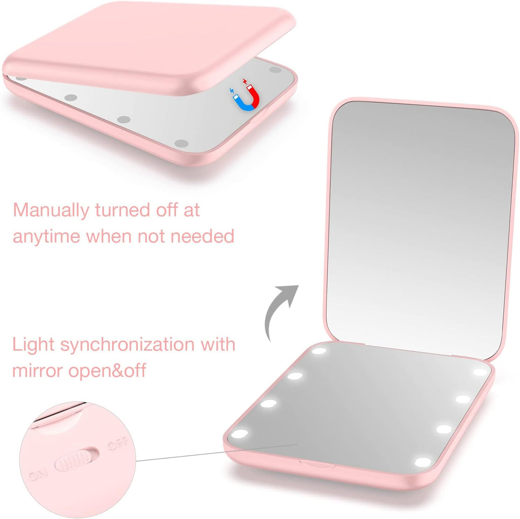 WOBSION Small Mirror with Lights,LED Compact Makeup Mirror,1x/3x Mini Travel Mirror with Magnification,Portable for Purse,Pocket,Gifts for Girls,Pink