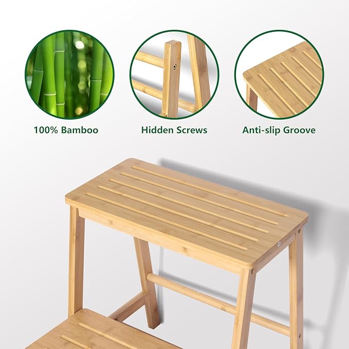Bamboo Folding Climbing Step Stool, 2 Step Ladder Multi-Functional Stair Chair with Sturdy Structure, Non-Slip Step Pads, Wide Stepping Surface for Safety, Simple Folding Stool for Bathroom, Kitchen