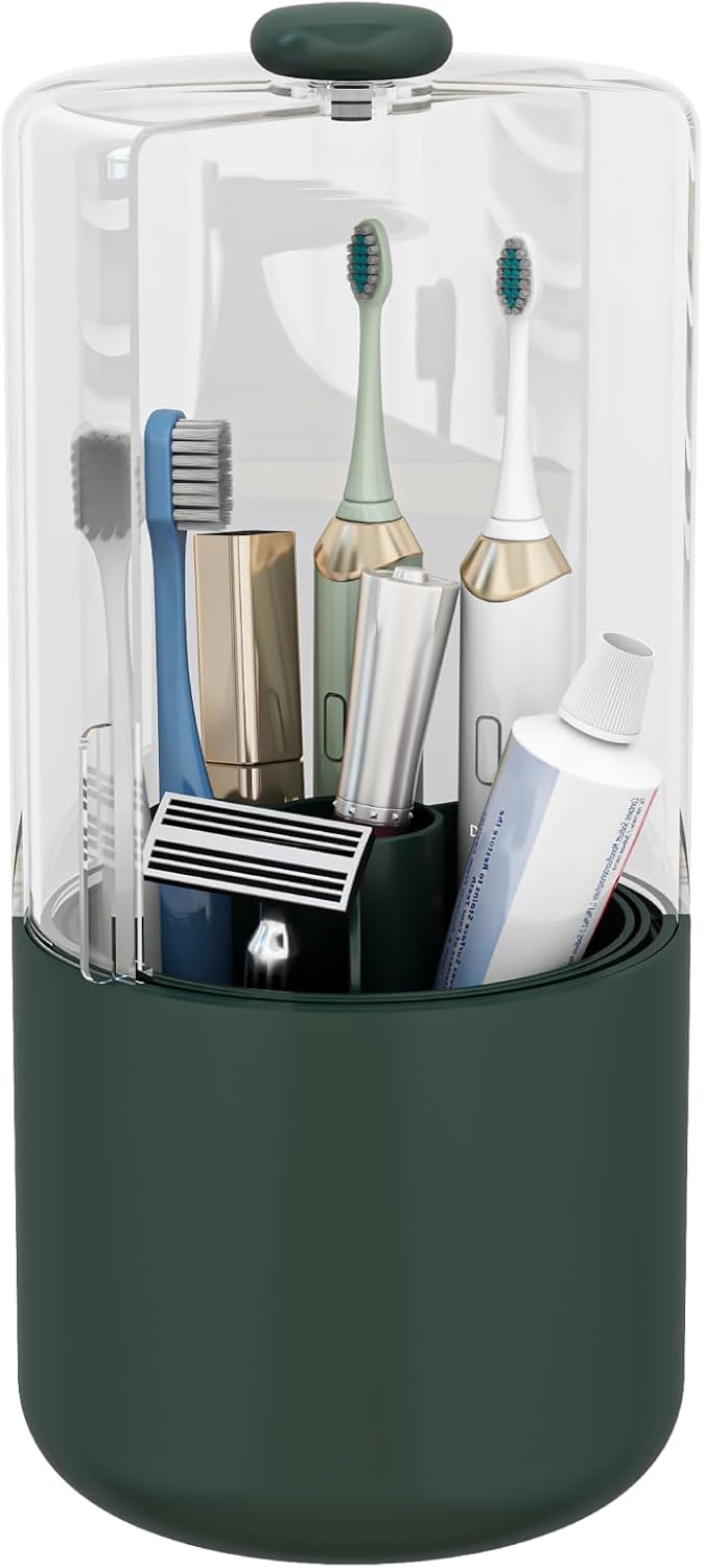 Toothbrush Holder with Cover 360 Rotating 4 Compartments Bathroom Toothpaste Electric Toothbrush Organizer, Dark Green