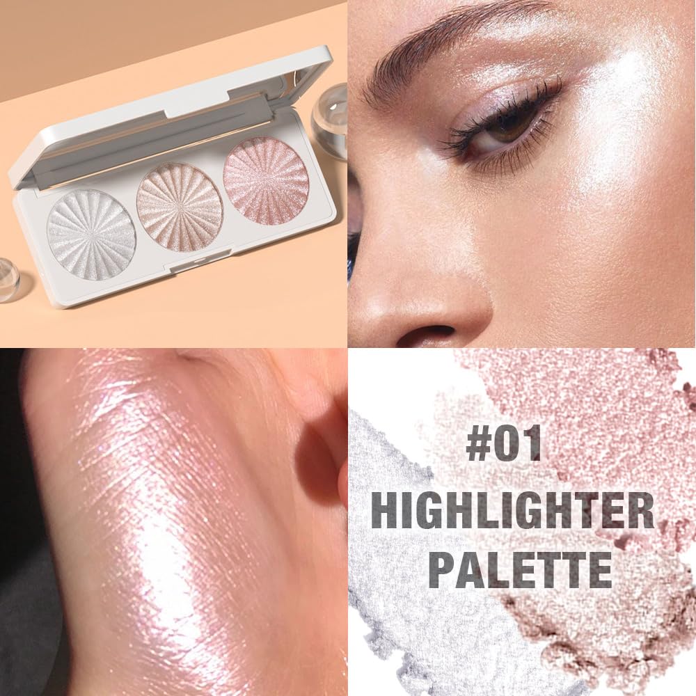 Pearl White Ice Silver Champagne Gold Rose Pink Shimmer Glitter Highlighter Highlight Makeup Contour Powder,Glitter Face Illuminator Highlighter, Illuminator Make Up (Lunar Glow Trio)
