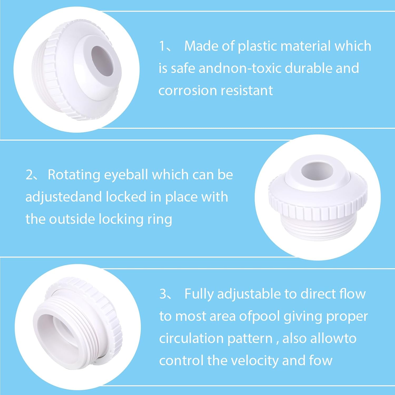 2 Pcs Pool Jet Nozzles, 3/4" Directional Flow Eyeball Inlet Jet, Swimming Pond Return Jets Replacement Parts Fittings Spa with 1-1/2 Inch MIP Thread Pool Accessories for Cleaning (2Pc 3/4" No Spiral)