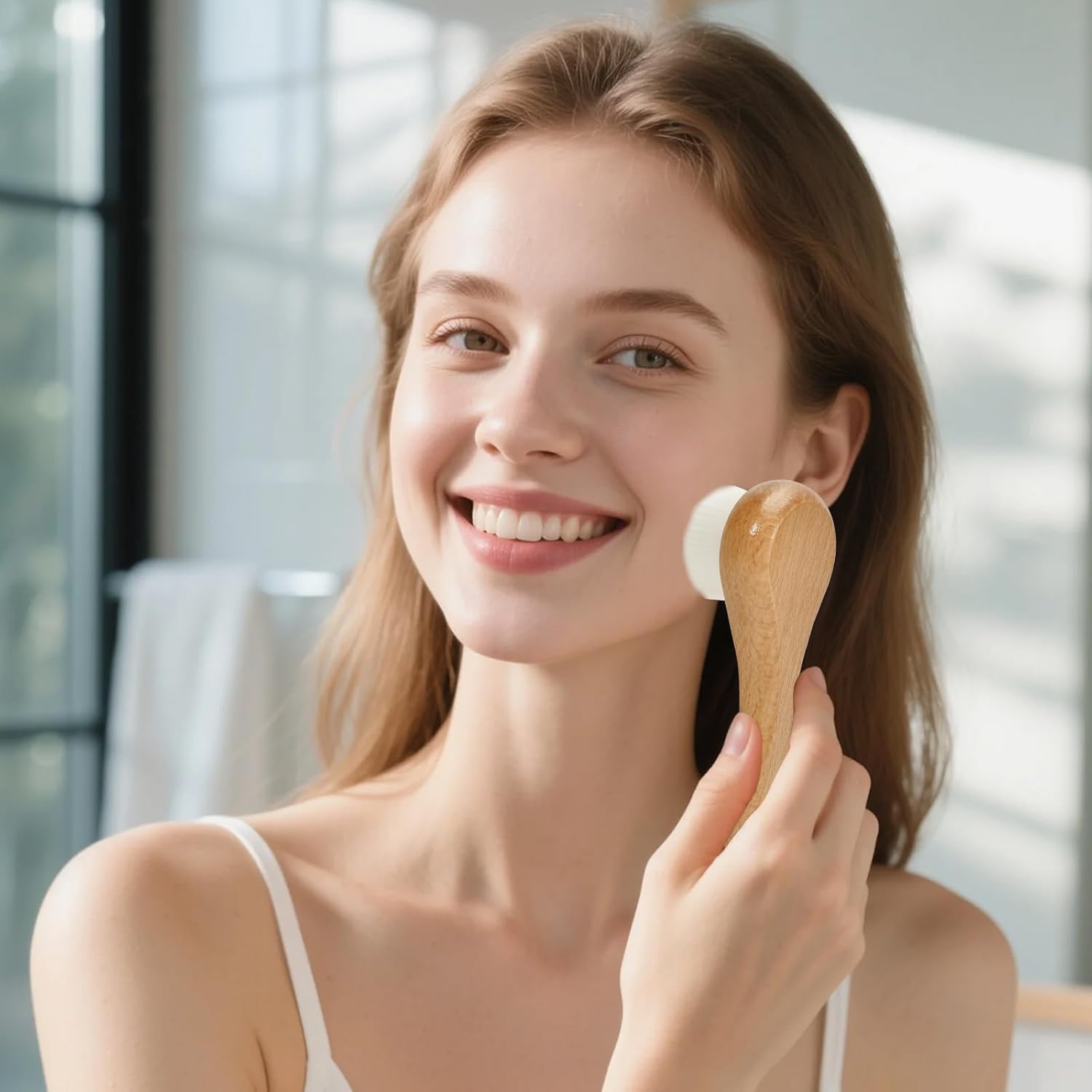 2 Pcs Face Scrubber with Wooden Handle, Facial Cleansing Brushes Face Wash Brush for Deep Pore Cleansing and Exfoliating, Ultra Soft Bristles Manual Dry Brush for Face Care，White