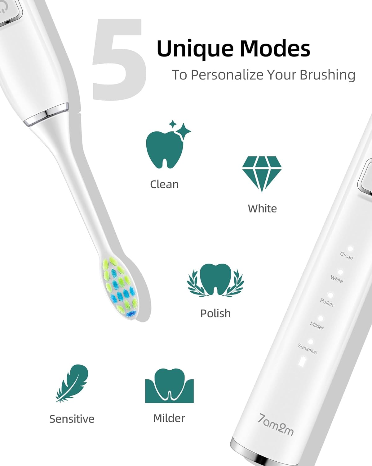 7AM2M Sonic Electric Toothbrush with 6 Brush Heads for Adults and Kids, One Charge for 90 Days, Wireless Fast Charge, 5 Modes with 2 Minutes Built in Smart Timer, Electric Toothbrushes (Black&White)