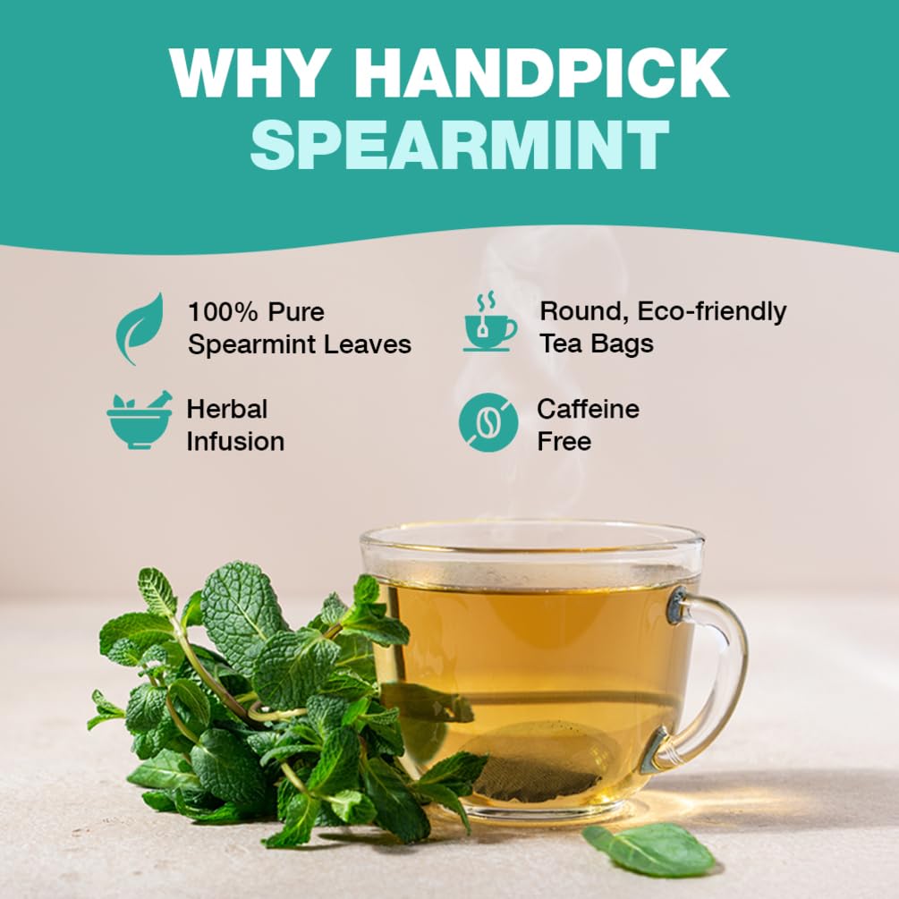 HANDPICK, Spearmint Tea Bags for PCOS relief (100 Herbal Tea Bags) |Refreshing Mint Tea | Non-GMO | Round Eco-Conscious Teabags