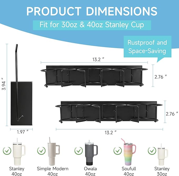 2 Pack Magnetic Cup Holder for Fridge, Water Bottle Organizer for Stanley 30oz and 40oz with Handle, Tumbler Organizer for Stanley Cup Accessories Lid, Heavy Duty Magnetic Cup Storage